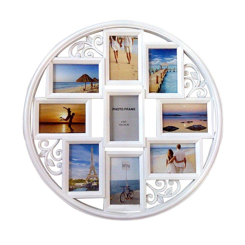 MKUN 4x6 Wall Collage Picture Frames - Round Circular Wall hanging Picture Photo Collage Frame with leaf decoration, 9- Opening (White) - Image 1